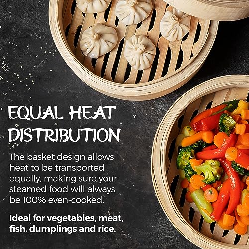 SILLION 2-Tier 10 Inch Bamboo Steamer Basket With Stainless Steel Ring Adapter, 2x Set of Chopsticks, 2x Reusable Silicone Liners | Bamboo Steamer For Cooking Ideal For Dumplings, Rice, Fish or Vegetables