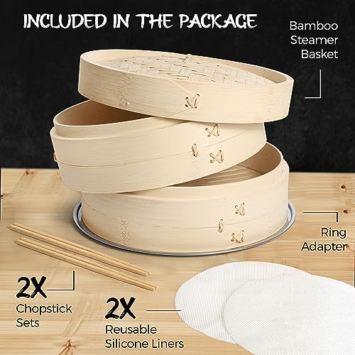 SILLION 2-Tier 10 Inch Bamboo Steamer Basket With Stainless Steel Ring Adapter, 2x Set of Chopsticks, 2x Reusable Silicone Liners | Bamboo Steamer For Cooking Ideal For Dumplings, Rice, Fish or Vegetables