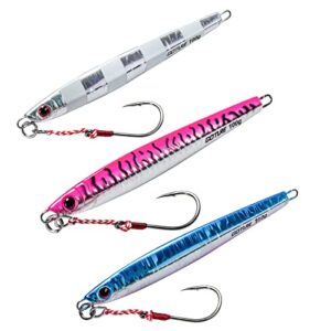 goture fishing jigs saltwater 60g-150g with assist hook, glow vertical jigs, speed fast lead jig sea fishing jigging spoon lures for tuna, salmon, sailfish, striped bass, grouper snapper, kingfish