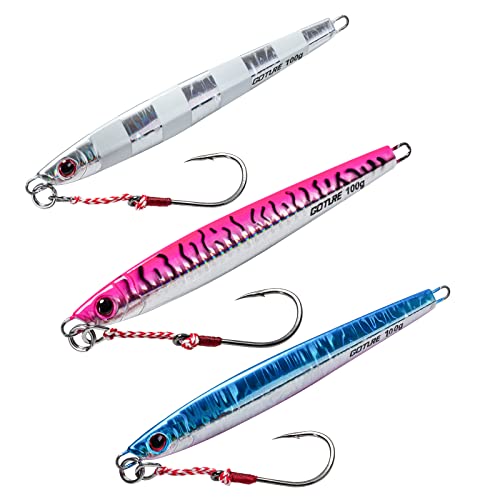 Goture Fishing Jigs Saltwater 60g-150g with Assist Hook, Glow Vertical Jigs, Speed Fast Lead Jig Sea Fishing Jigging Spoon Lures for Tuna, Salmon, Sailfish, Striped bass, Grouper Snapper, Kingfish