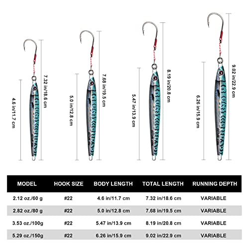 Goture Fishing Jigs Saltwater 60g-150g with Assist Hook, Glow Vertical Jigs, Speed Fast Lead Jig Sea Fishing Jigging Spoon Lures for Tuna, Salmon, Sailfish, Striped bass, Grouper Snapper, Kingfish