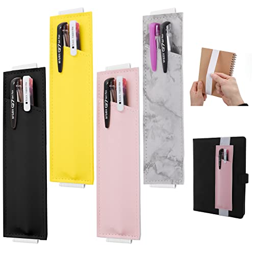 4PCS Adjustable Elastic Band Pen Holder Leather Pen Sleeve PU Pencil Holder Pouch for Journals, Notebooks, Books, Planners, Rigid Tablet Gift, Detachable (Black, Yellow, Pink, Marbled Gray)