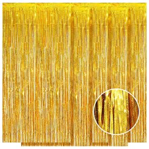 5 pack gold fringe curtain backdrop 3.2ft x 8.2ft metallic tinsel foil fringe streamers for photo booth props background birthday party decorations wedding christmas halloween decorations (gold)