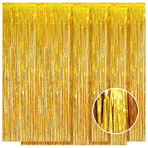 5 Pack Gold Fringe Curtain Backdrop 3.2ft x 8.2ft Metallic Tinsel Foil Fringe Streamers for Photo Booth Props Background Birthday Party Decorations Wedding Christmas Halloween Decorations (Gold)