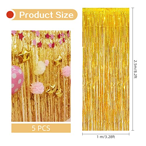 5 Pack Gold Fringe Curtain Backdrop 3.2ft x 8.2ft Metallic Tinsel Foil Fringe Streamers for Photo Booth Props Background Birthday Party Decorations Wedding Christmas Halloween Decorations (Gold)