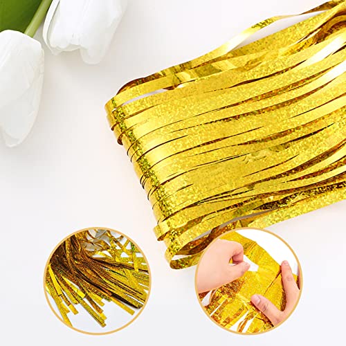 5 Pack Gold Fringe Curtain Backdrop 3.2ft x 8.2ft Metallic Tinsel Foil Fringe Streamers for Photo Booth Props Background Birthday Party Decorations Wedding Christmas Halloween Decorations (Gold)