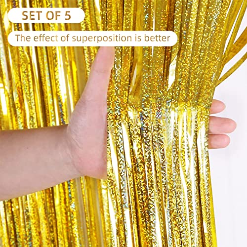 5 Pack Gold Fringe Curtain Backdrop 3.2ft x 8.2ft Metallic Tinsel Foil Fringe Streamers for Photo Booth Props Background Birthday Party Decorations Wedding Christmas Halloween Decorations (Gold)