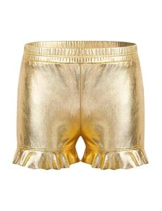 venjoe kids girls shiny metallic ruffled shorts gymnastics bottoms jazz cheer dance performance hot pants gold 12 years