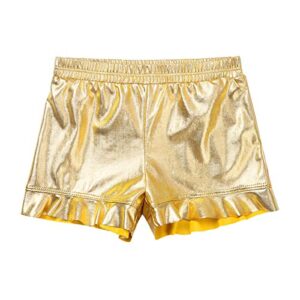 Venjoe Kids Girls Shiny Metallic Ruffled Shorts Gymnastics Bottoms Jazz Cheer Dance Performance Hot Pants Gold 12 Years