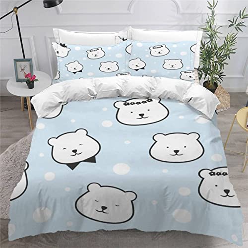 Quilt Cover Twin Size Cartoon Animals 3D Bedding Sets Polar Bear Duvet Cover Breathable Hypoallergenic Stain Wrinkle Resistant Microfiber with Zipper Closure,beding Set with 2 Pillowcase