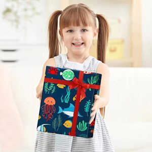 Ocean Birthday Wrapping Paper for Kids Girls Boys, 6 Sheets Under the Water Animal Coastal Design Gift Wrap Paper, 20 x 28 inch Per Sheet Folded Flat Birthday Paper for Kids Girls Boys Baby Shower