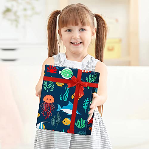 Ocean Birthday Wrapping Paper for Kids Girls Boys, 6 Sheets Under the Water Animal Coastal Design Gift Wrap Paper, 20 x 28 inch Per Sheet Folded Flat Birthday Paper for Kids Girls Boys Baby Shower