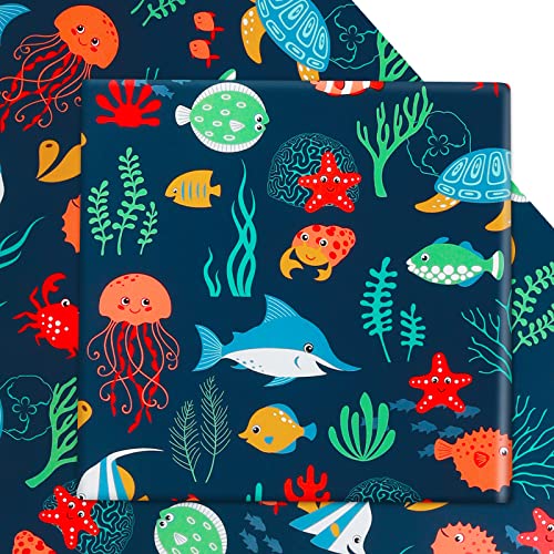 Ocean Birthday Wrapping Paper for Kids Girls Boys, 6 Sheets Under the Water Animal Coastal Design Gift Wrap Paper, 20 x 28 inch Per Sheet Folded Flat Birthday Paper for Kids Girls Boys Baby Shower