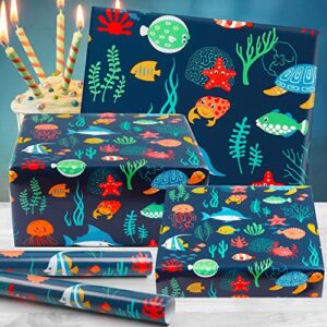 Ocean Birthday Wrapping Paper for Kids Girls Boys, 6 Sheets Under the Water Animal Coastal Design Gift Wrap Paper, 20 x 28 inch Per Sheet Folded Flat Birthday Paper for Kids Girls Boys Baby Shower