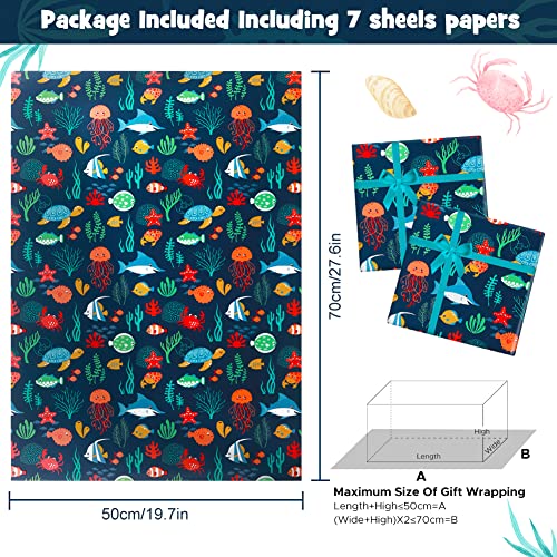 Ocean Birthday Wrapping Paper for Kids Girls Boys, 6 Sheets Under the Water Animal Coastal Design Gift Wrap Paper, 20 x 28 inch Per Sheet Folded Flat Birthday Paper for Kids Girls Boys Baby Shower