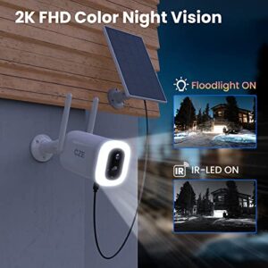 CZE Floodlight Camera,Security Cameras Wireless Outdoor,2K Outdoor Camera with Solar Panel,Color Night Vision,Motion Detection,Two-Way Audio,IP65,2.4 GHz WiFi,7 Day Free Cloud/SD Storage