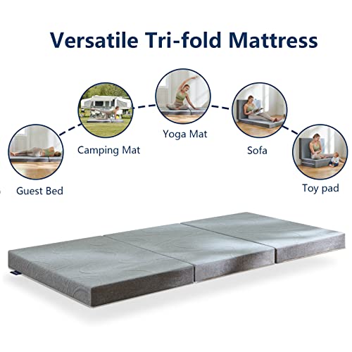 IYEE NATURE Tri Folding Mattress, 3 inch Small Twin Folding Memory Form Mattress Topper with Washable Cover, Fodable Mattress for Camping, Guest, Yoga - 75"x25"x3"