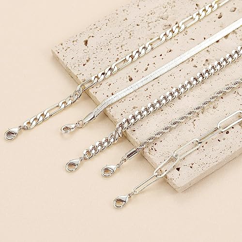 DEARMAY Sterling Silver Chain Bracelets for Women Trendy Silver Jewelry Set for Women Cuban Link Bracelets Figaro Paperclip Rope Herringbone Bracelet Pack Gifts for Women Girls