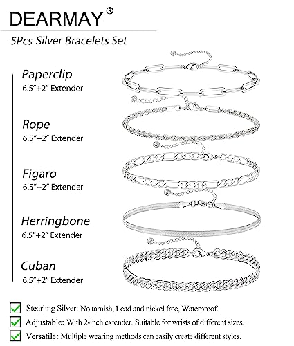 DEARMAY Sterling Silver Chain Bracelets for Women Trendy Silver Jewelry Set for Women Cuban Link Bracelets Figaro Paperclip Rope Herringbone Bracelet Pack Gifts for Women Girls