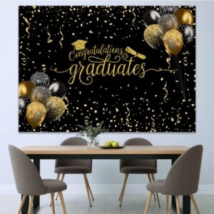 7x5ft Graduation Backdrop Congratulations Graduates Background Class of 2023 Black and Gold Balloon with Ribbon Caps Prom Photography for Senior Year Graduation Party Decoration Banner Supplies