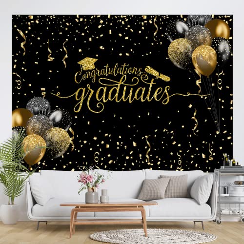 7x5ft Graduation Backdrop Congratulations Graduates Background Class of 2023 Black and Gold Balloon with Ribbon Caps Prom Photography for Senior Year Graduation Party Decoration Banner Supplies