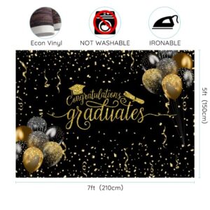 7x5ft Graduation Backdrop Congratulations Graduates Background Class of 2023 Black and Gold Balloon with Ribbon Caps Prom Photography for Senior Year Graduation Party Decoration Banner Supplies