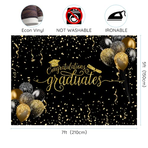 7x5ft Graduation Backdrop Congratulations Graduates Background Class of 2023 Black and Gold Balloon with Ribbon Caps Prom Photography for Senior Year Graduation Party Decoration Banner Supplies