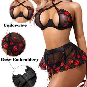 Avidlove Women's Lingerie Set with Garter Mesh Underwire Lingerie Set 3 Piece Lingerie Set Babydoll Lingerie(Red,Large)