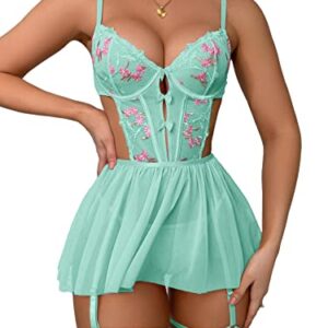 WDIRARA Women's Floral Embroidery Mesh Split Cut Out Babydoll Lingerie Slip Dress Light Green S