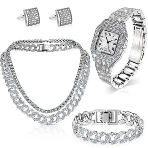 5 pcs hip hop jewelry set with miami cuban link chain necklace bracelet bling crystal diamond watch rhinestone earrings (silver, men)