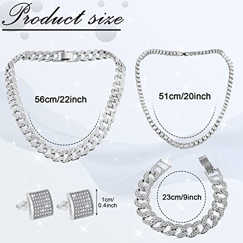 5 Pcs Hip Hop Jewelry Set with Miami Cuban Link Chain Necklace Bracelet Bling Crystal Diamond Watch Rhinestone Earrings (Silver, Men)