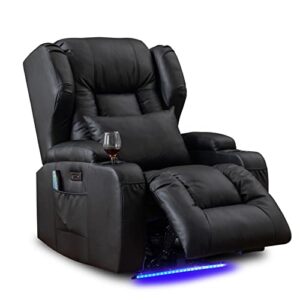 vuyuyu power recliner chair with heat and massage, faux leather recliner sofa chairs for living room home theater seating with led lights/cup holders/side pocket/usb port/infinite position (black)