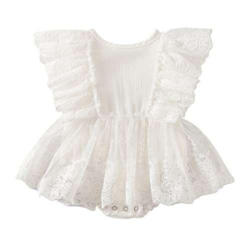 Kayotuas Newborn Infant Baby Girls Butterfly Sleeve Romper Clothes Ruffle Lace Bodysuit Tutu Dress Jumpsuit Princess Outfit (White Lace Onesie Dress,12-18 Months)