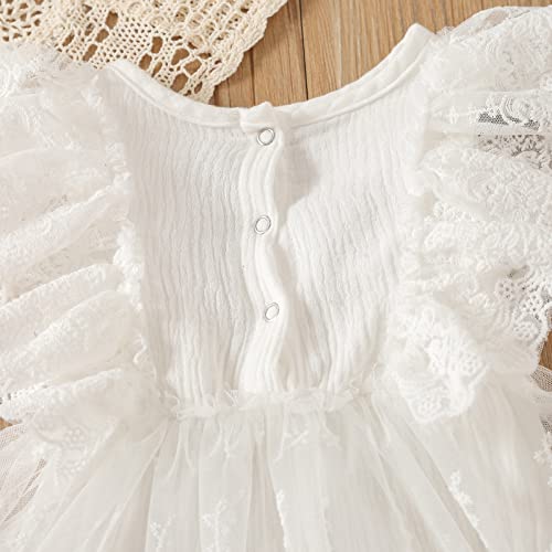 Kayotuas Newborn Infant Baby Girls Butterfly Sleeve Romper Clothes Ruffle Lace Bodysuit Tutu Dress Jumpsuit Princess Outfit (White Lace Onesie Dress,12-18 Months)