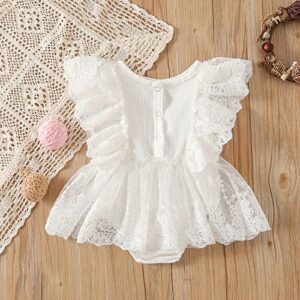 Kayotuas Newborn Infant Baby Girls Butterfly Sleeve Romper Clothes Ruffle Lace Bodysuit Tutu Dress Jumpsuit Princess Outfit (White Lace Onesie Dress,12-18 Months)