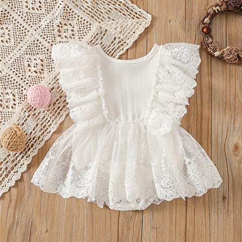 Kayotuas Newborn Infant Baby Girls Butterfly Sleeve Romper Clothes Ruffle Lace Bodysuit Tutu Dress Jumpsuit Princess Outfit (White Lace Onesie Dress,12-18 Months)