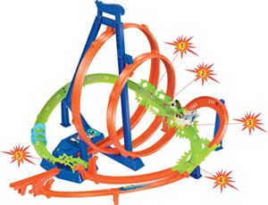 hot wheels track set, epic crash dash with 5 crash zones, motorized booster and 1 hot wheels 1:64 scale toy car, easy storage
