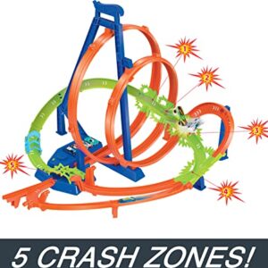 Hot Wheels Track Set, Epic Crash Dash with 5 Crash Zones, Motorized Booster and 1 Hot Wheels 1:64 Scale Toy Car, Easy Storage