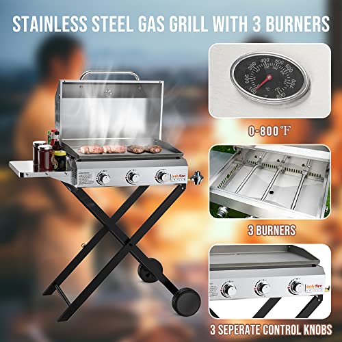 Onlyfire Portable BBQ Gas Griddle 3 Burners, Stainless Steel Flat Top Gas Grill Griddle Stove with Lid, Side Table, Foldable Cart & Wheels for Outdoor Kitchen, Patio Backyard and Camping