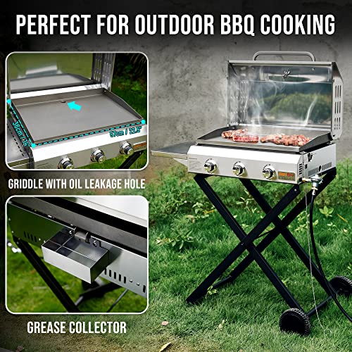 Onlyfire Portable BBQ Gas Griddle 3 Burners, Stainless Steel Flat Top Gas Grill Griddle Stove with Lid, Side Table, Foldable Cart & Wheels for Outdoor Kitchen, Patio Backyard and Camping