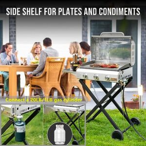 Onlyfire Portable BBQ Gas Griddle 3 Burners, Stainless Steel Flat Top Gas Grill Griddle Stove with Lid, Side Table, Foldable Cart & Wheels for Outdoor Kitchen, Patio Backyard and Camping