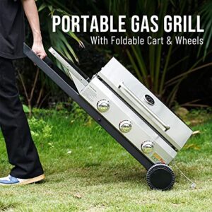 Onlyfire Portable BBQ Gas Griddle 3 Burners, Stainless Steel Flat Top Gas Grill Griddle Stove with Lid, Side Table, Foldable Cart & Wheels for Outdoor Kitchen, Patio Backyard and Camping