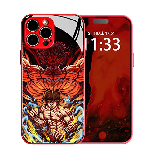 HEMINJYJEF Japanese Anime Protective Anti-Drop Color Shell Manga Pattern Covers Tempered Glass Multicolor Soft Silicone Phone Case (Metal Red, Baki and Yujiro,for iPhone 14 Pro Max)