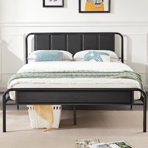 vecelo full bed frame heavy duty metal platform with wooden headboard footboard mattress foundation 12 strong steel slats support under bed storage/easy assemble
