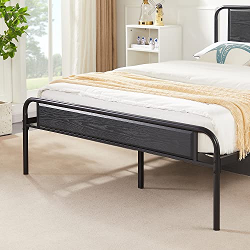 VECELO Full Bed Frame Heavy Duty Metal Platform with Wooden Headboard Footboard Mattress Foundation 12 Strong Steel Slats Support Under Bed Storage/Easy Assemble