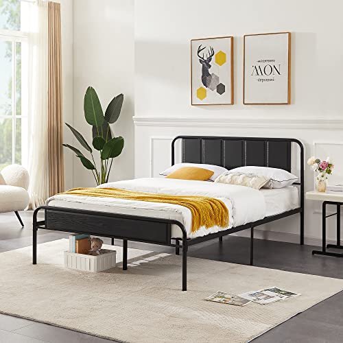 VECELO Full Bed Frame Heavy Duty Metal Platform with Wooden Headboard Footboard Mattress Foundation 12 Strong Steel Slats Support Under Bed Storage/Easy Assemble