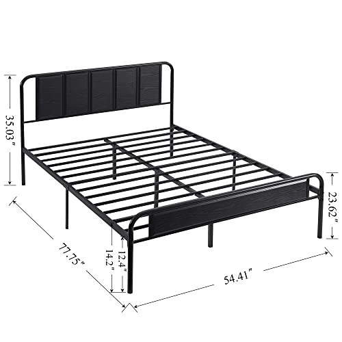 VECELO Full Bed Frame Heavy Duty Metal Platform with Wooden Headboard Footboard Mattress Foundation 12 Strong Steel Slats Support Under Bed Storage/Easy Assemble