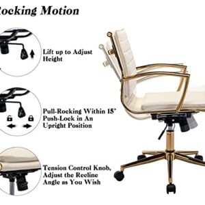 CIMOTA Leather Office Chair Comfortable Mid-Back Gold Office Desk Chair with Wheels and Arms Gold Frame Modern Ergonomic Conference Task Chair Swivel Chair for Teens Adults, PU Beige