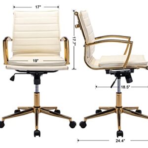 CIMOTA Leather Office Chair Comfortable Mid-Back Gold Office Desk Chair with Wheels and Arms Gold Frame Modern Ergonomic Conference Task Chair Swivel Chair for Teens Adults, PU Beige