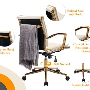 CIMOTA Leather Office Chair Comfortable Mid-Back Gold Office Desk Chair with Wheels and Arms Gold Frame Modern Ergonomic Conference Task Chair Swivel Chair for Teens Adults, PU Beige